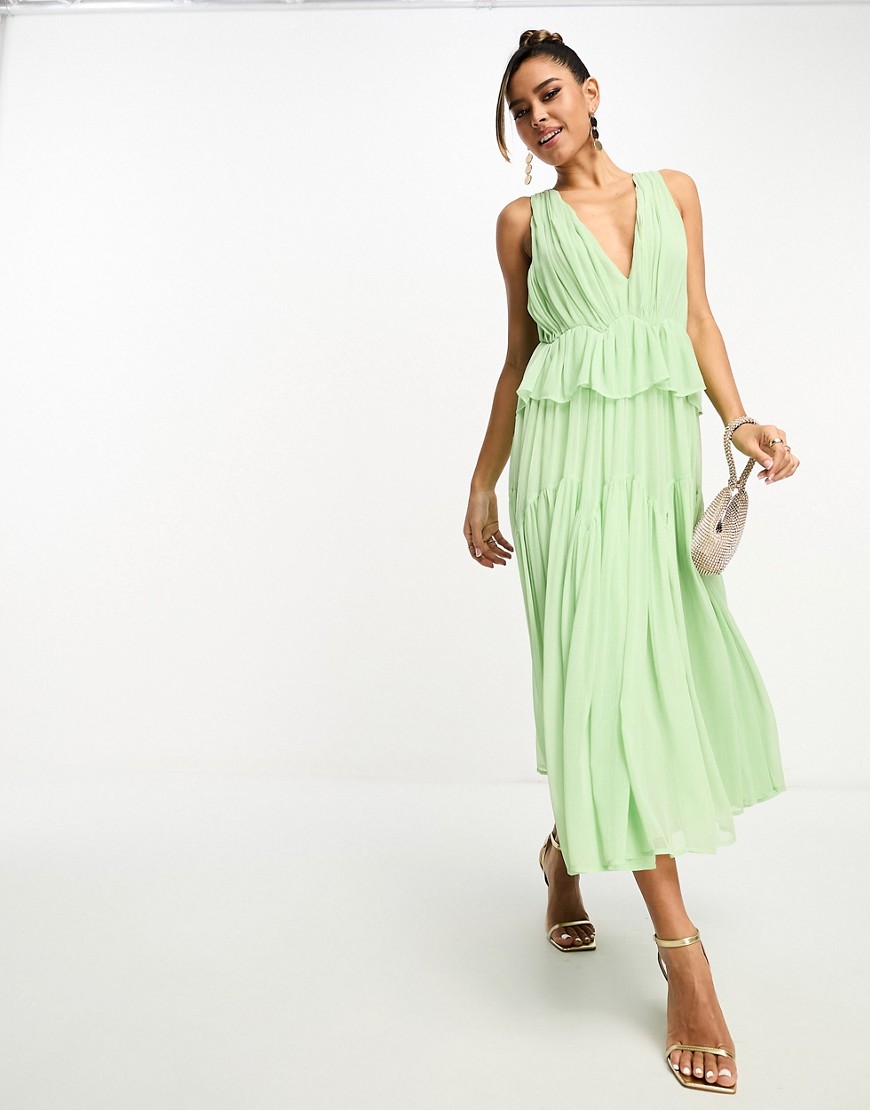ASOS DESIGN plunge pleated tiered midi dress in sage green