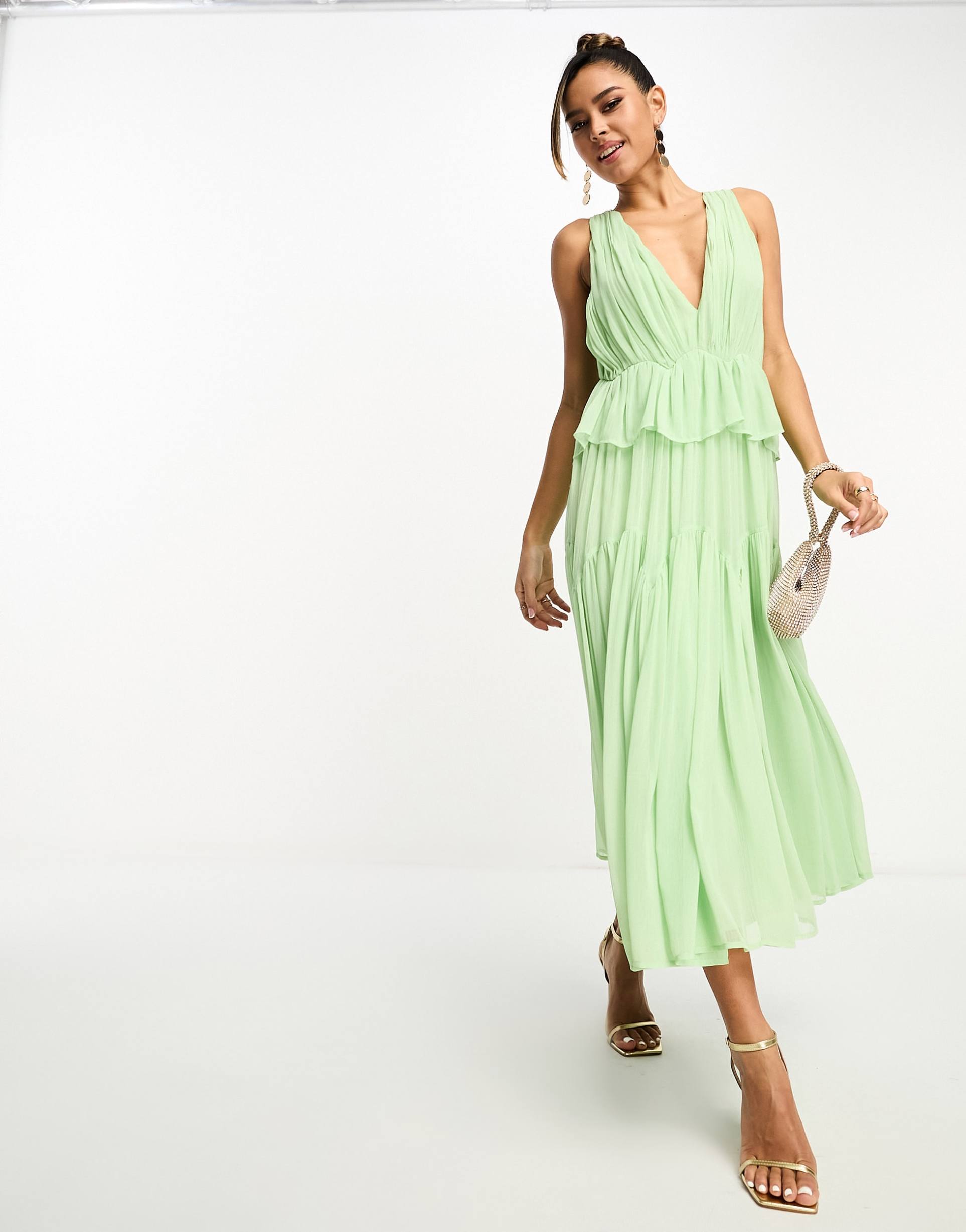 asos design plunge pleated tiered midi dress in sage green