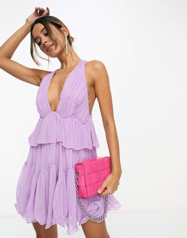 ASOS DESIGN plunge pleated tiered mini dress in purple