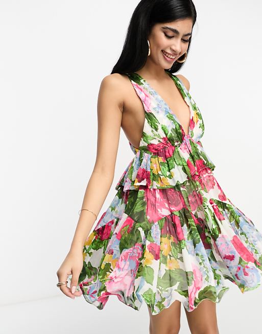 asos dress LUXE Pleated Bandeau Mini with velvet belt in Gold this dress combines comfort and sophistication in a regular fit ASOS Design - Floral Embellished