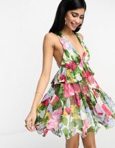 ASOS DESIGN corset plunge mini dress with corsage detail in floral print