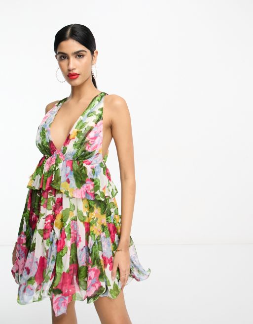 Asos design botanical floral plunge belted pleated midi outlet dress