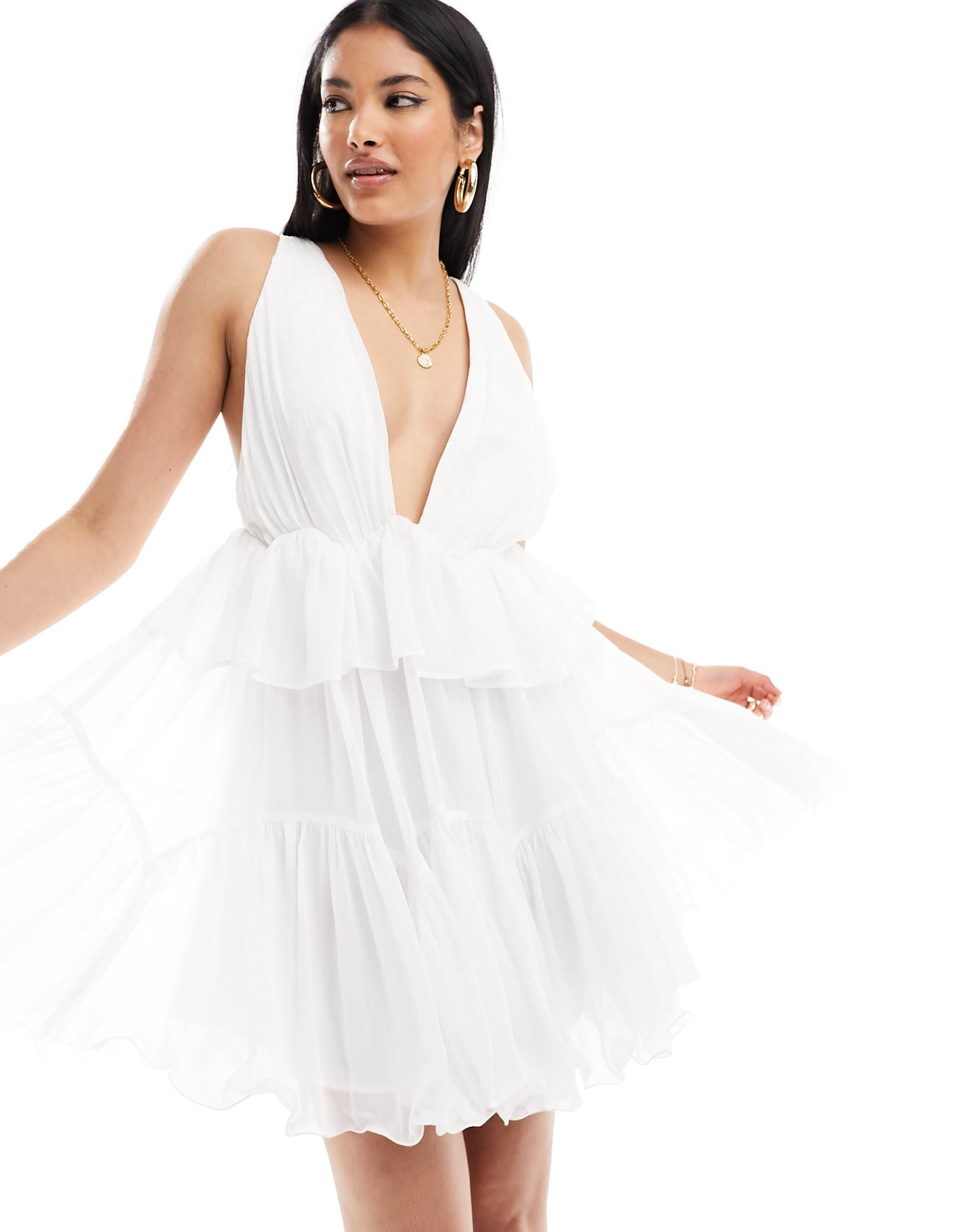 asos design plunge pleated tiered mini dress in white