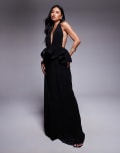 [ASOS DESIGN] ASOS DESIGN plunge plisse maxi dress with wired trim peplum in black 14 Black