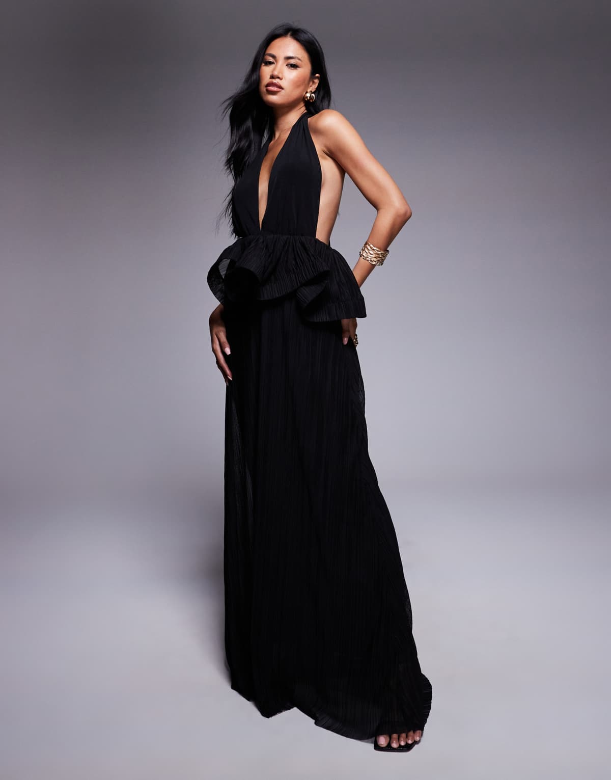 ASOS DESIGN plunge plisse maxi dress with wired trim peplum in black