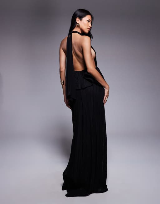 ASOS DESIGN plunge plisse maxi dress with wired trim peplum in black