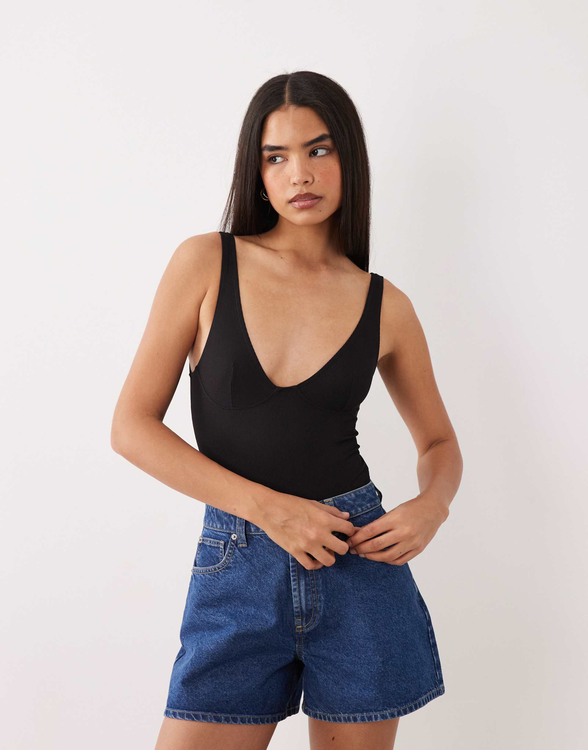 asos design plunge ribbed bodysuit in black