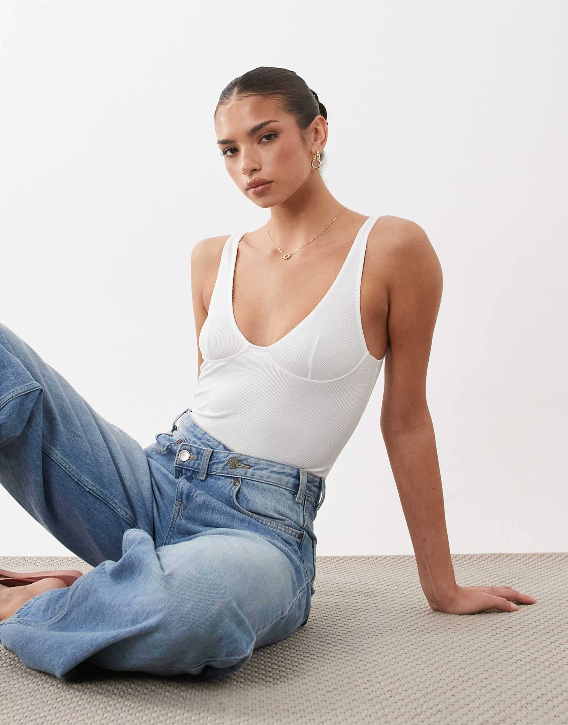 asos design plunge ribbed bodysuit in white