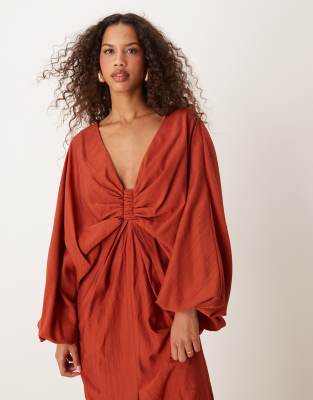 asos design plunge ruched bust maxi dress with blouson sleeve in rust