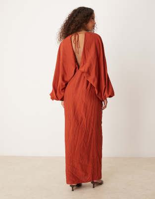 asos design plunge ruched bust maxi dress with blouson sleeve in rust