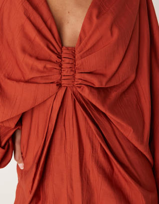 asos design plunge ruched bust maxi dress with blouson sleeve in rust