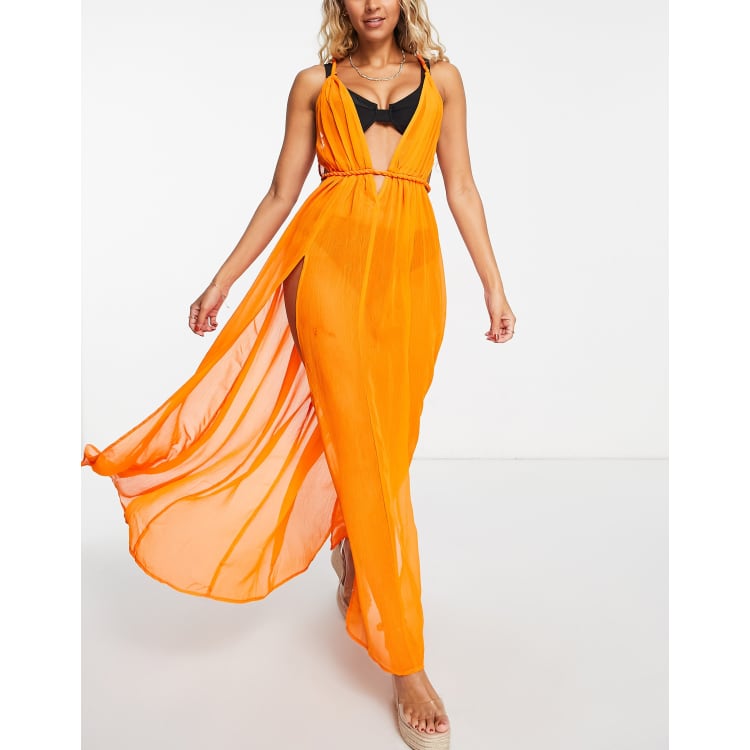 orange shadow leaf low back oversized maxi beach dress ASOS DESIGN plunge sheer maxi beach dress in with rope detail in orange