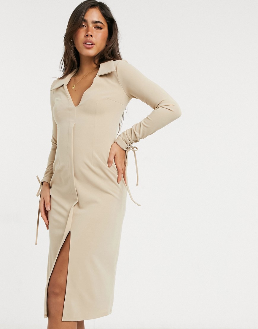 ASOS DESIGN plunge shirt midi dress with tie sleeves in stone-Neutral