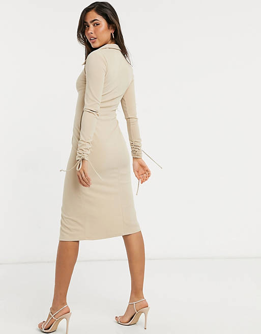 Dresses plunge shirt midi dress with tie sleeves in stone 