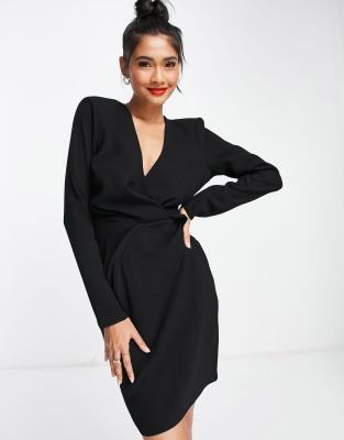 Asos Design Plunge Shoulder Pad Twist Front Mini Dress In Black
