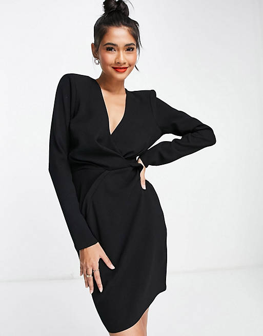 Dresses plunge shoulder pad twist front mini dress in black 