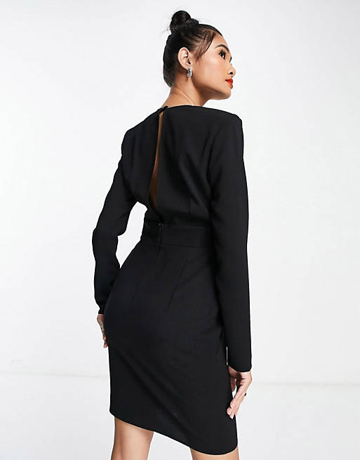 Dresses plunge shoulder pad twist front mini dress in black 