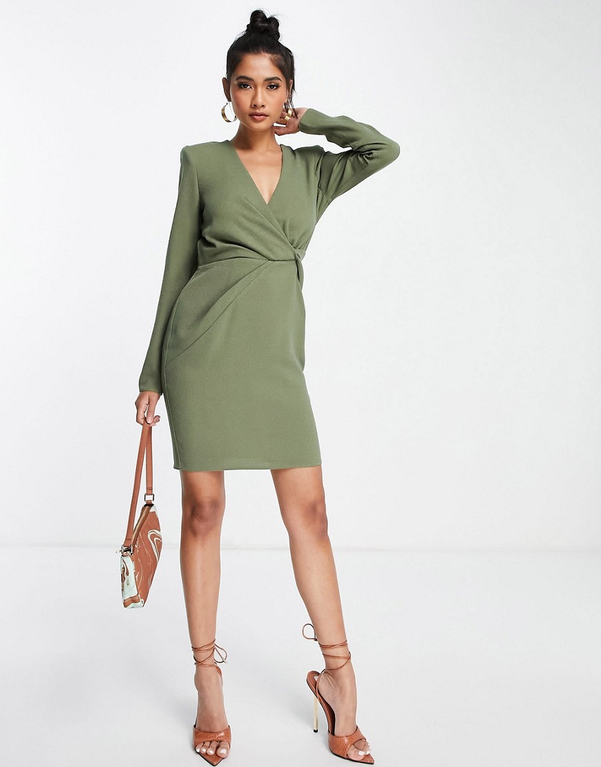ASOS DESIGN plunge shoulder pad twist front mini dress in khaki-Green