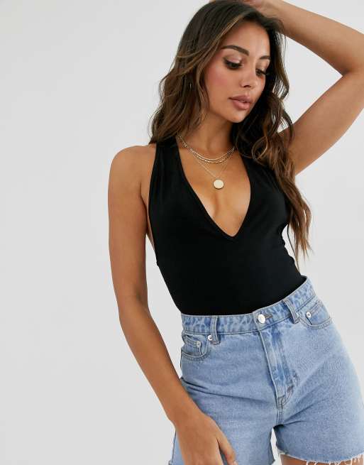 ASOS DESIGN plunge sleeveless bodysuit with race back in black