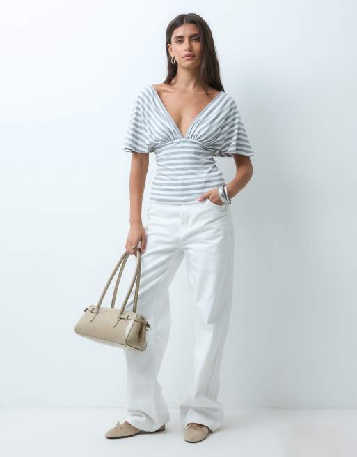 ASOS DESIGN plunge sleeveless tie back cinch top in gray and white stripes, 2 of 4