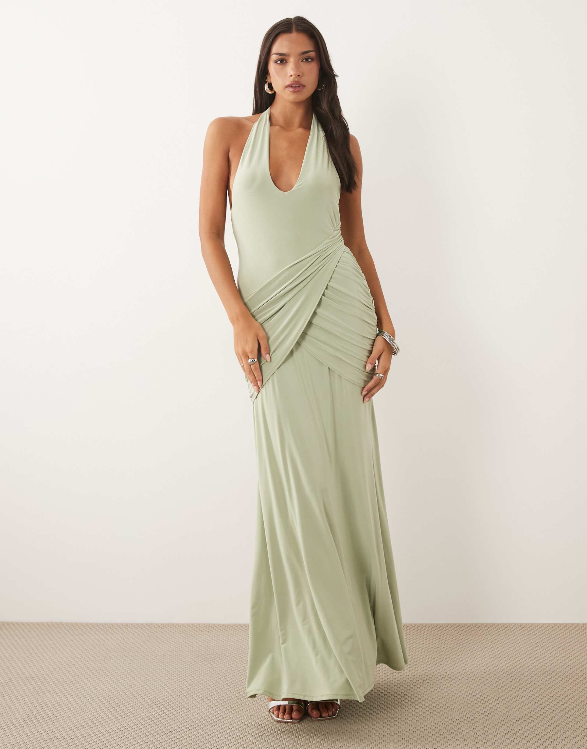asos design plunge slinky maxi dress with ruched drape detail in sage green