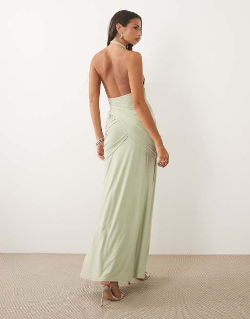 ASOS DESIGN plunge slinky maxi dress with ruched drape detail in sage green, 4 of 4
