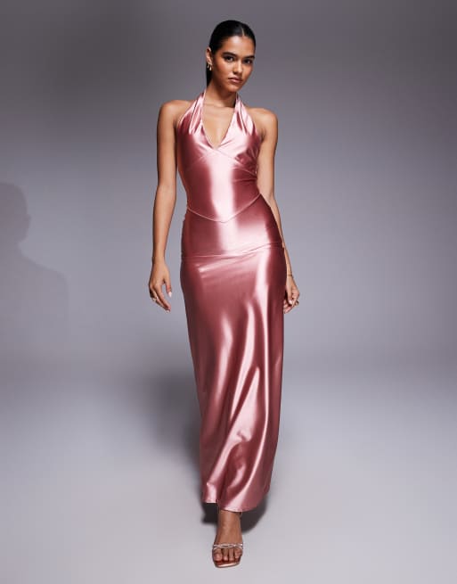 ASOS DESIGN plunge stretch satin and lace panel maxi dress in baby pink