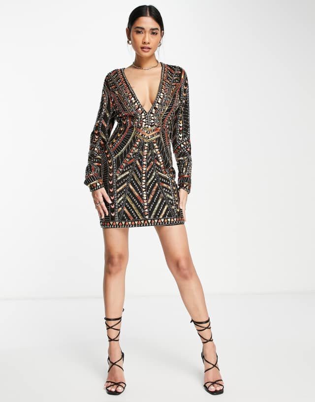 ASOS DESIGN plunge structured mini dress with paneled embellishment