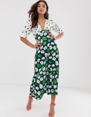 Image result for ASOS DESIGN plunge tea maxi dress with pep hem in mixed print
