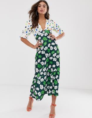 Image result for ASOS DESIGN plunge tea maxi dress with pep hem in mixed print