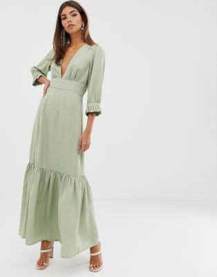 asos design plunge tea maxi dress with pep hem