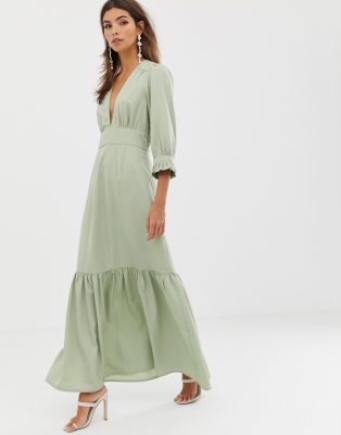 asos design plunge tea maxi dress with pep hem