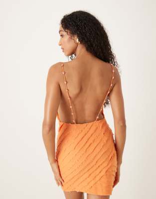 Asos Design Plunge Textured Layer Mini Dress With Raw Edge In Orange