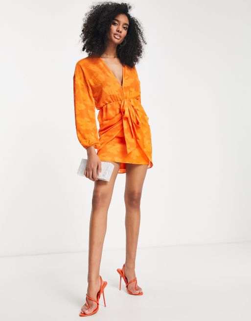 ASOS DESIGN plunge tie front mini dress in floral jacquard in orange