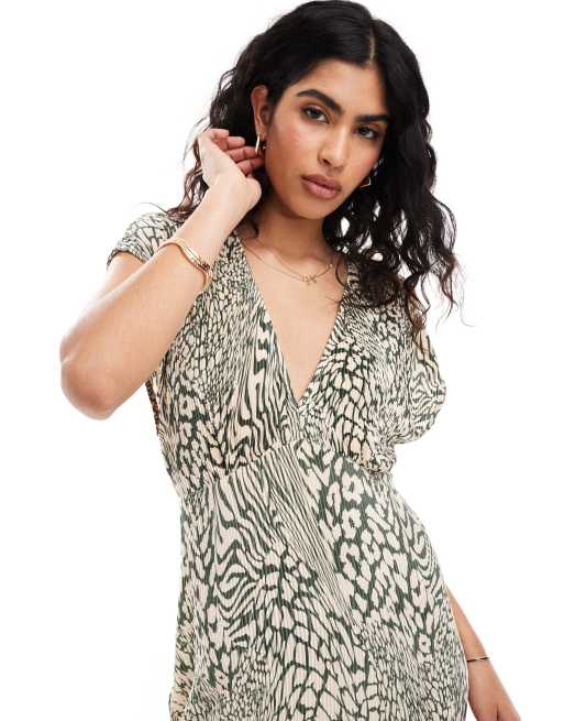 ASOS DESIGN plunge tie plisse dress in green animal print ASOS