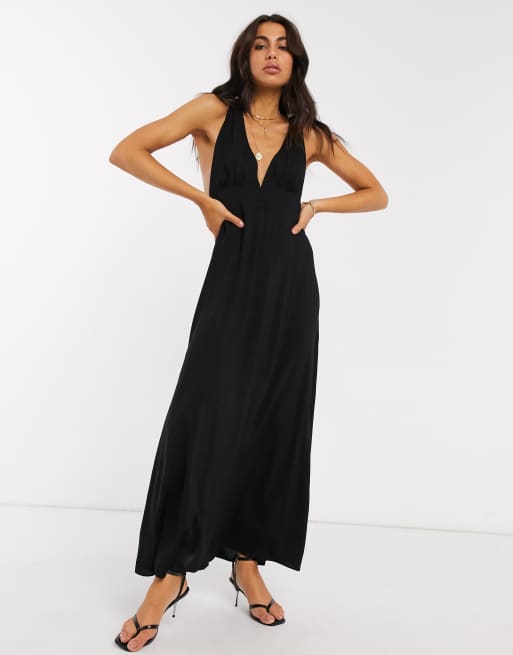 ASOS DESIGN plunge tie shoulder maxi dress in black ASOS