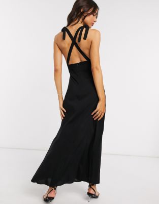 Mesh Plunge Tie Maxi Dress In Black