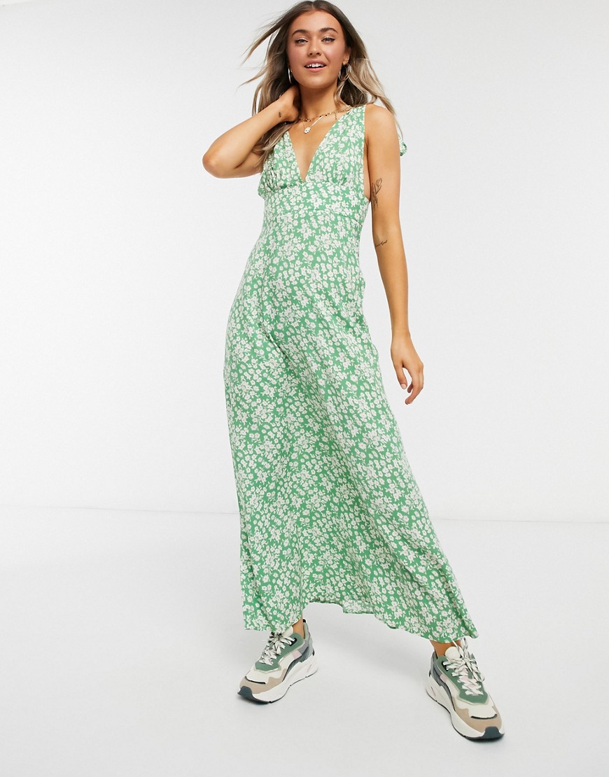 ASOS DESIGN plunge tie shoulder maxi dress in green based flirty floral print-Multi