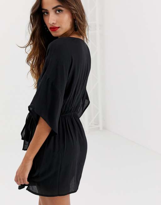 ASOS DESIGN plunge tie waist kimono sleeve crinkle beach cover up in black