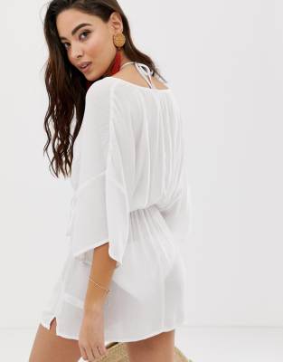 White Ruched Waist Plunge Neckline Kimono Sleeve Shirt - Eilene