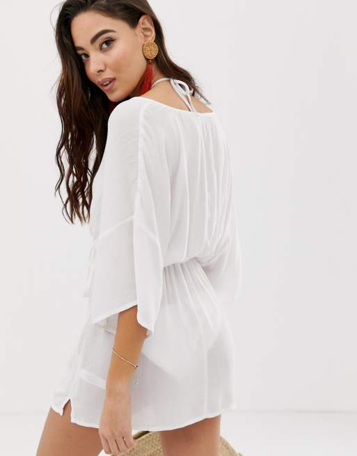 Asos Design Plunge Tie Waist Kimono Sleeve Crinkle Beach Cover Up In White