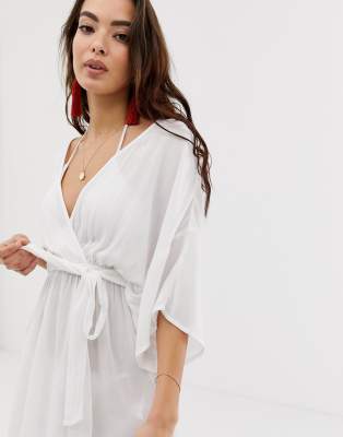 White Ruched Waist Plunge Neckline Kimono Sleeve Shirt - Eilene