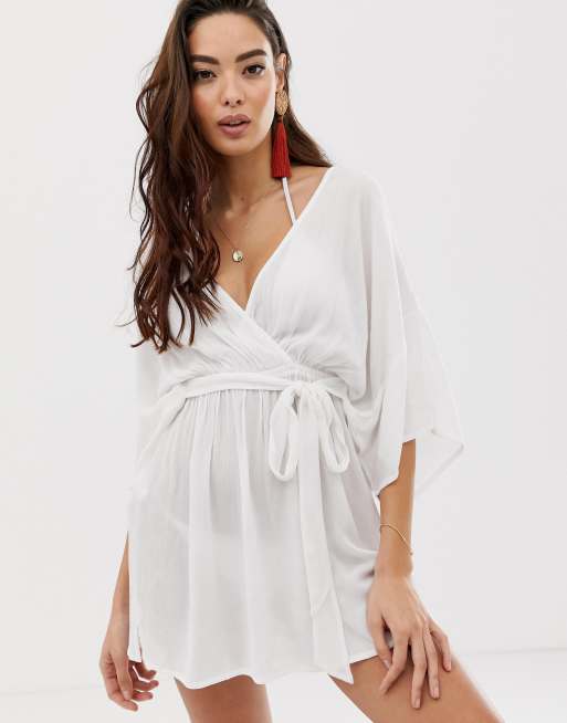 ASOS DESIGN plunge tie waist kimono sleeve crinkle beach cover up in white