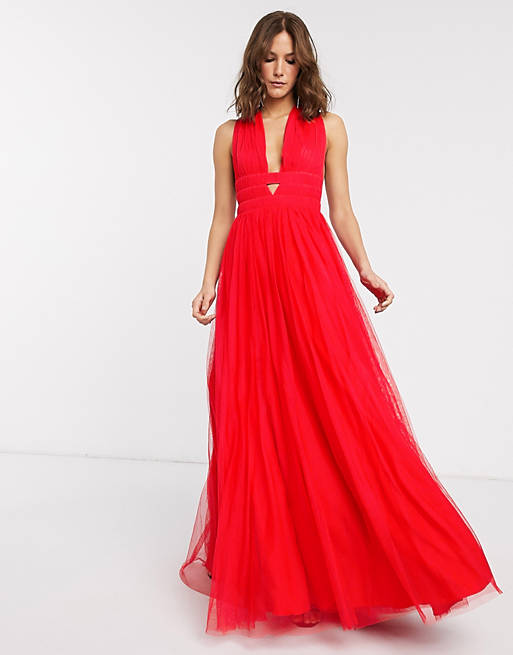 ASOS DESIGN plunge tiered Grecian tulle maxi dress in red