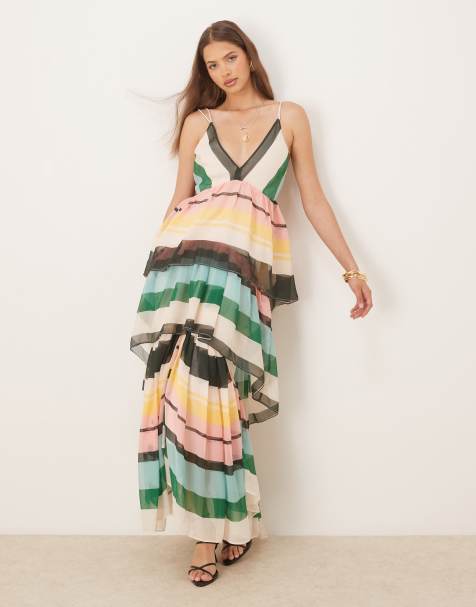 ASOS DESIGN plunge tiered maxi dress with open back in stripe print - view 1