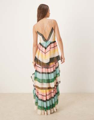 ASOS DESIGN plunge tiered maxi dress with open back in stripe print