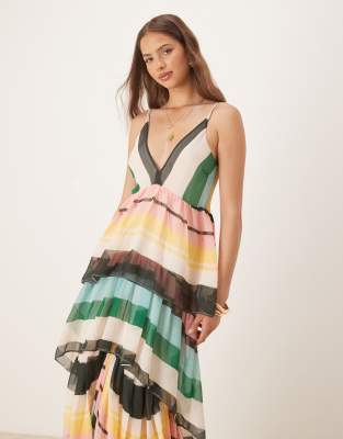 ASOS DESIGN plunge tiered maxi dress with open back in stripe print