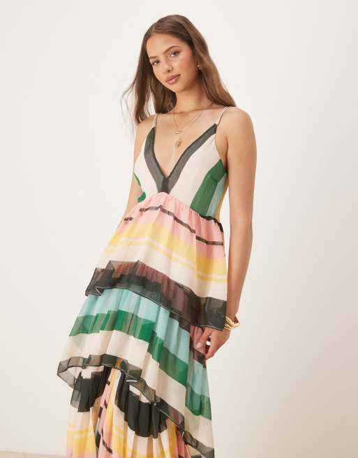 ASOS DESIGN plunge tiered maxi dress with open back in striped print, 4 of 4