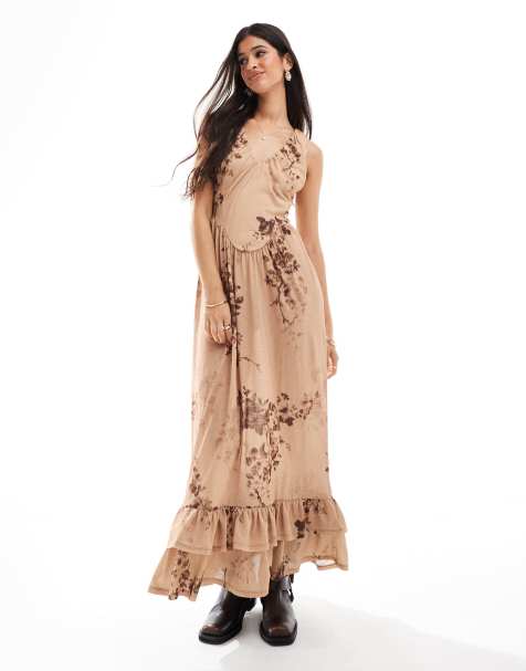 ASOS DESIGN plunge tiered midi dress with gathered waist in boho print - view 1
