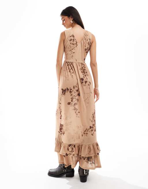 ASOS DESIGN plunge tiered midi dress with gathered waist in boho print, 2 of 4